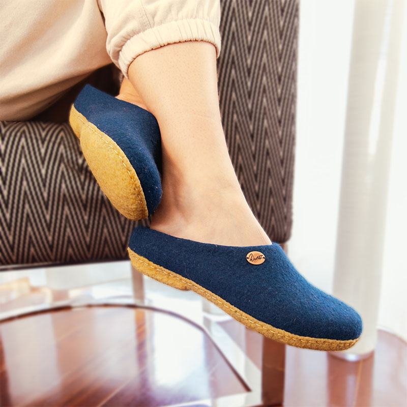 Filzpantoffeln mit Einlagen & Gummisohle Classic, blau