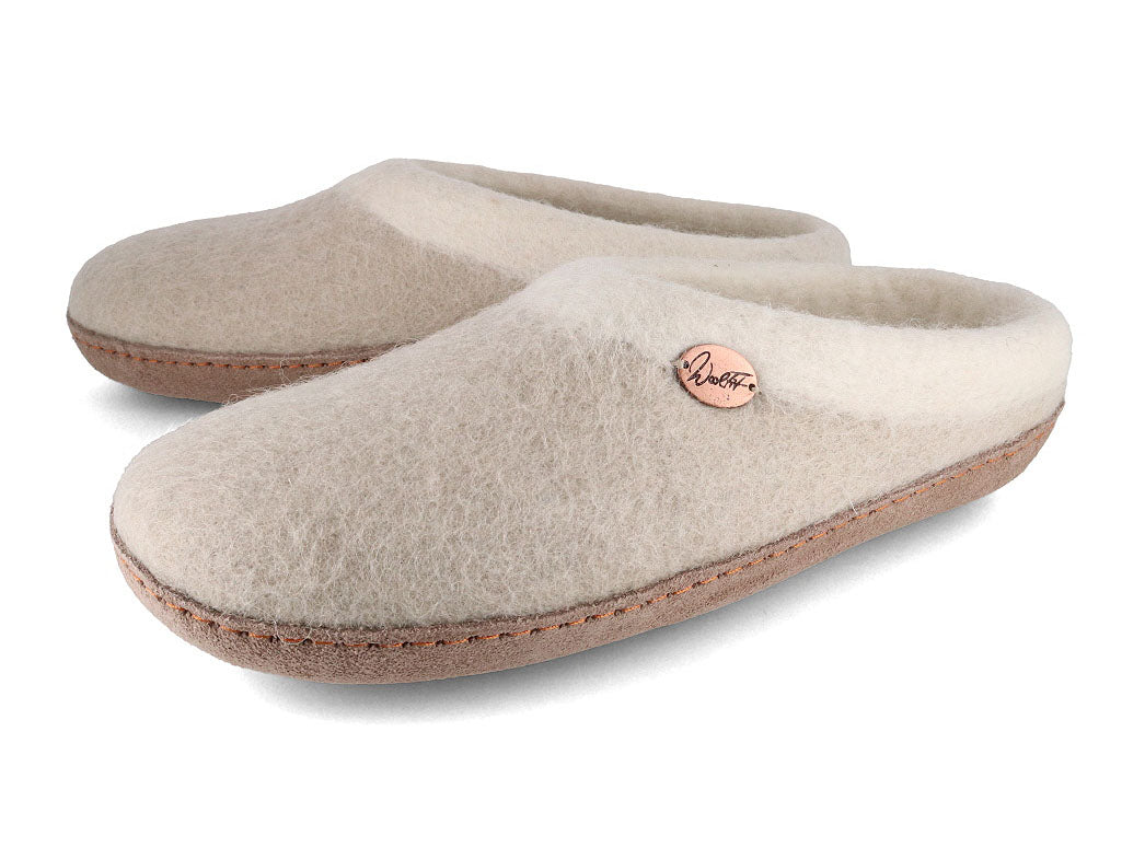 Sherpa felt slippers with footbed & leather sole, oatmeal