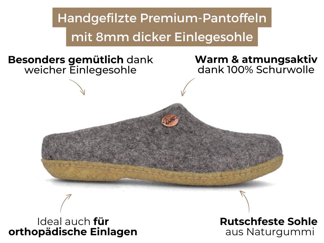 Filzpantoffeln mit Einlagen & Gummisohle Classic, hellgrau