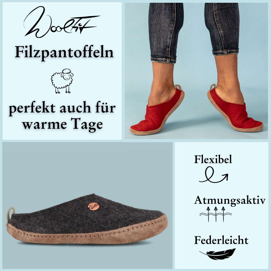 Tundra leichte Filzpantoffeln aus 100% Wolle, dunkelgrau