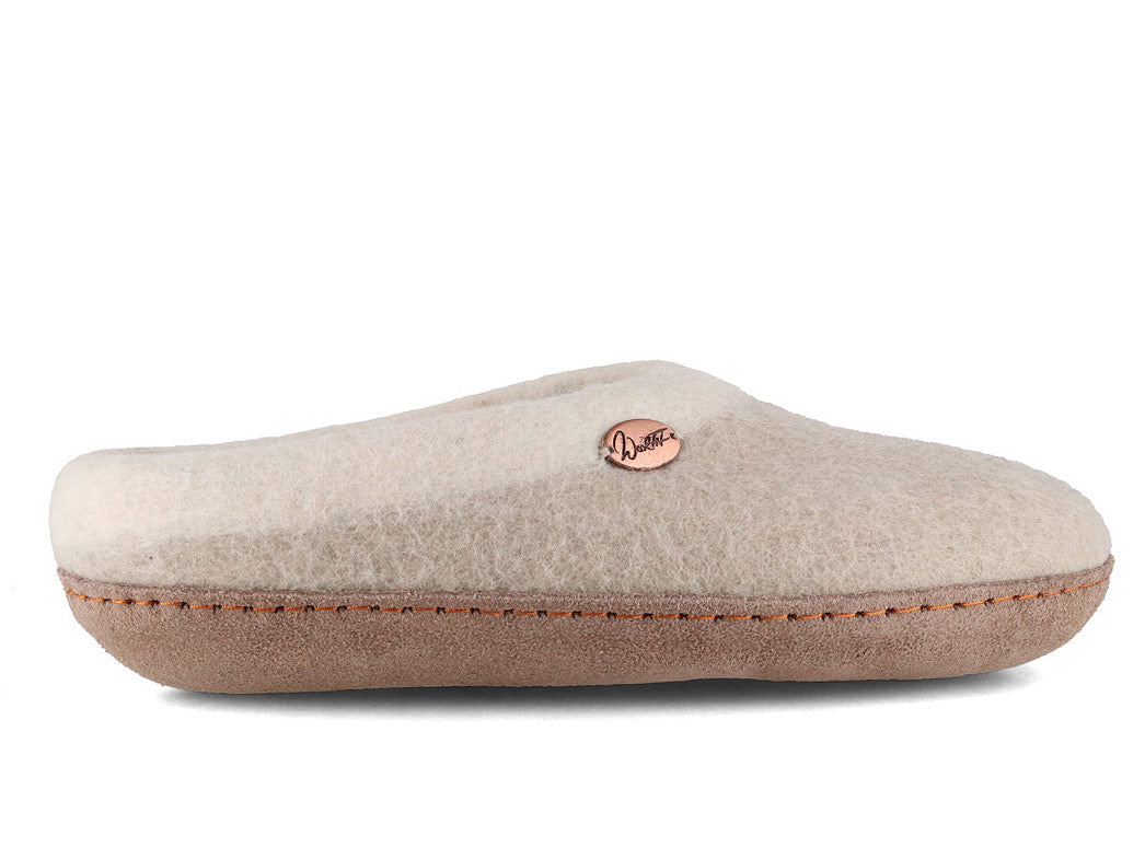 Sherpa felt slippers with footbed & leather sole, oatmeal