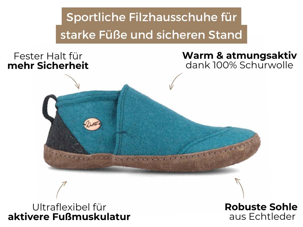 Taiga – hoher Filzhausschuh aus Wolle mit Ledersohle, türkis