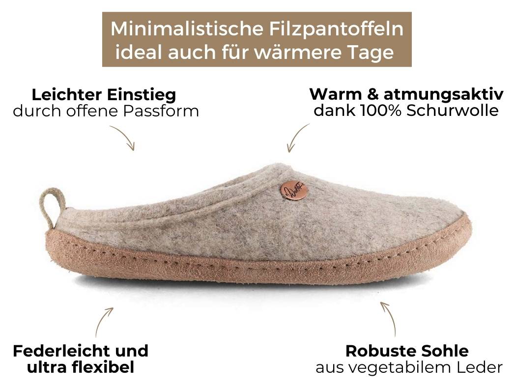 Tundra leichte Filzpantoffeln aus 100% Wolle, beige