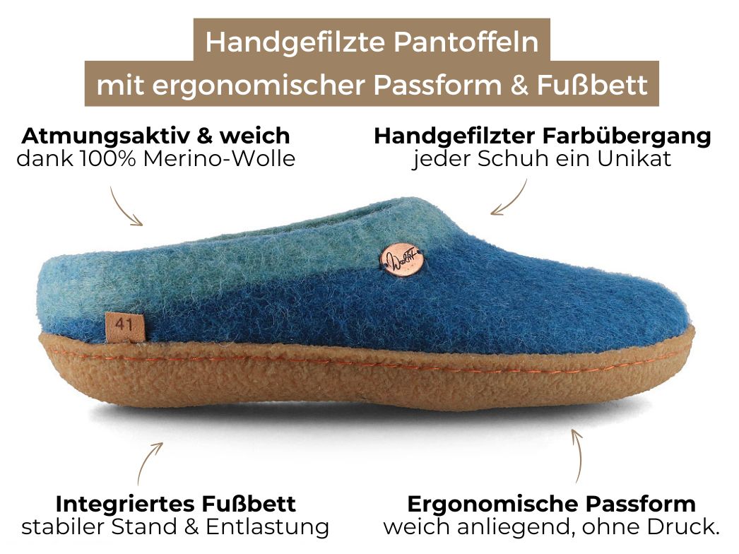 Sherpa Felt Slippers with Footbed & Natural Rubber Sole, Blue