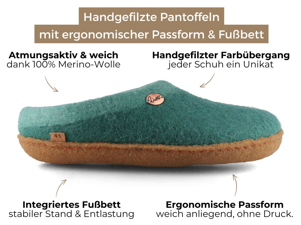 Sherpa Felt Slippers with Footbed & Natural Rubber Sole, Green
