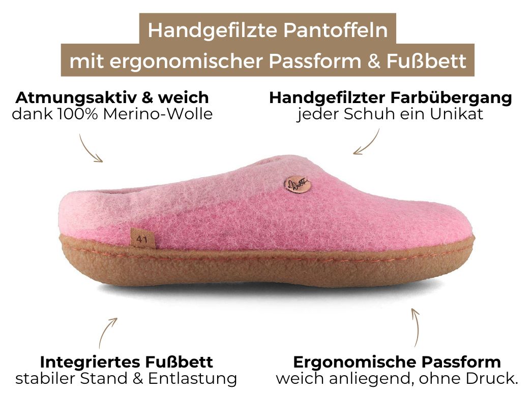 Sherpa felt slippers with footbed & natural rubber sole, pink