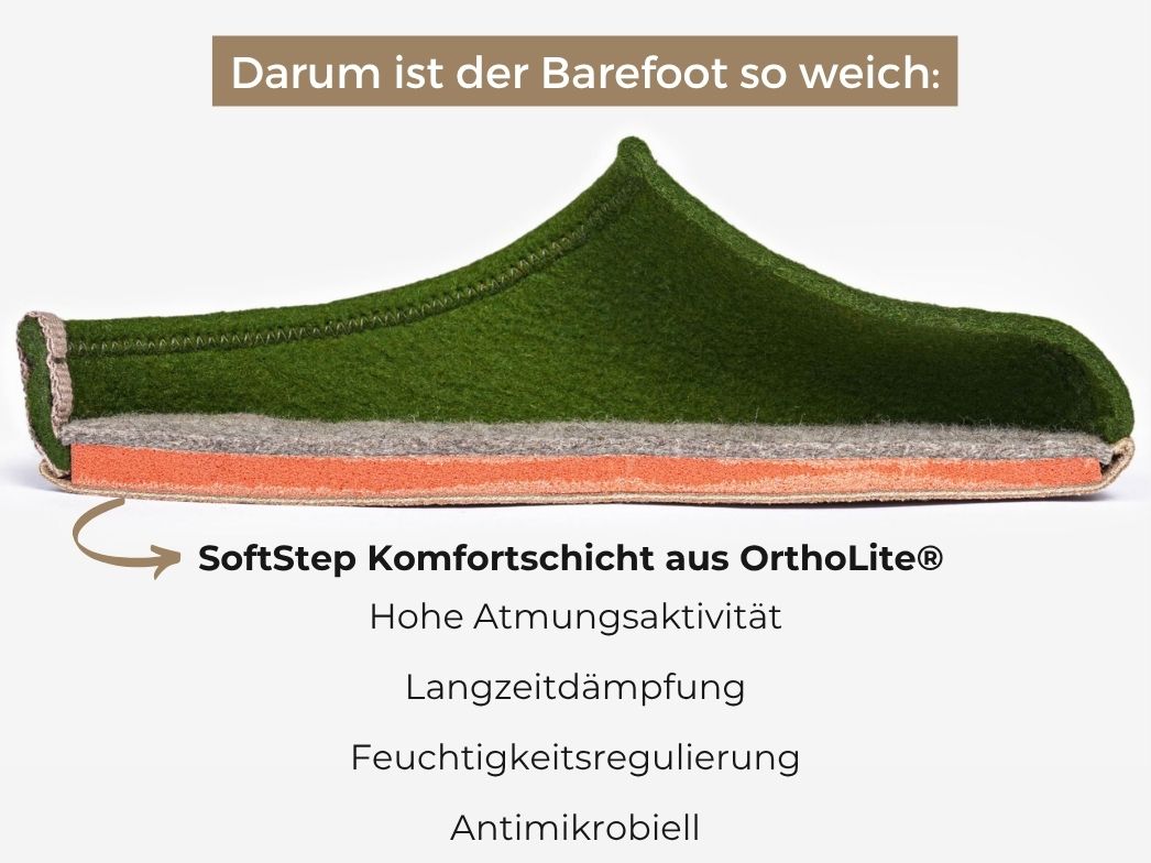 Barefoot felt slippers with plenty of toe room, green