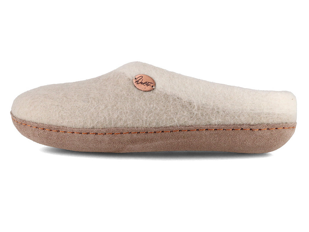 Sherpa felt slippers with footbed & leather sole, oatmeal