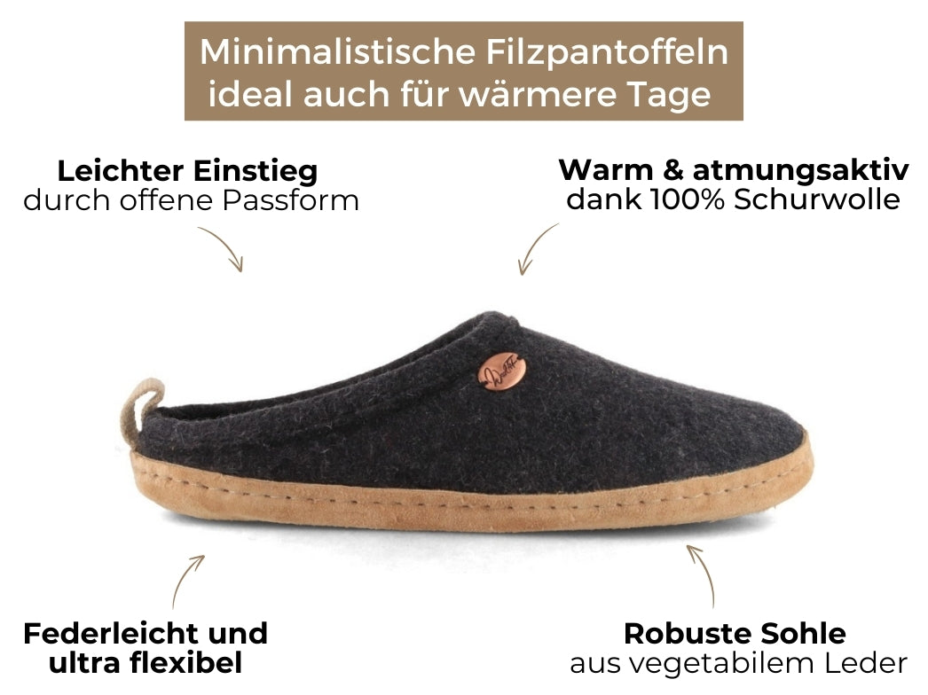 Tundra leichte Filzpantoffeln aus 100% Wolle, dunkelgrau