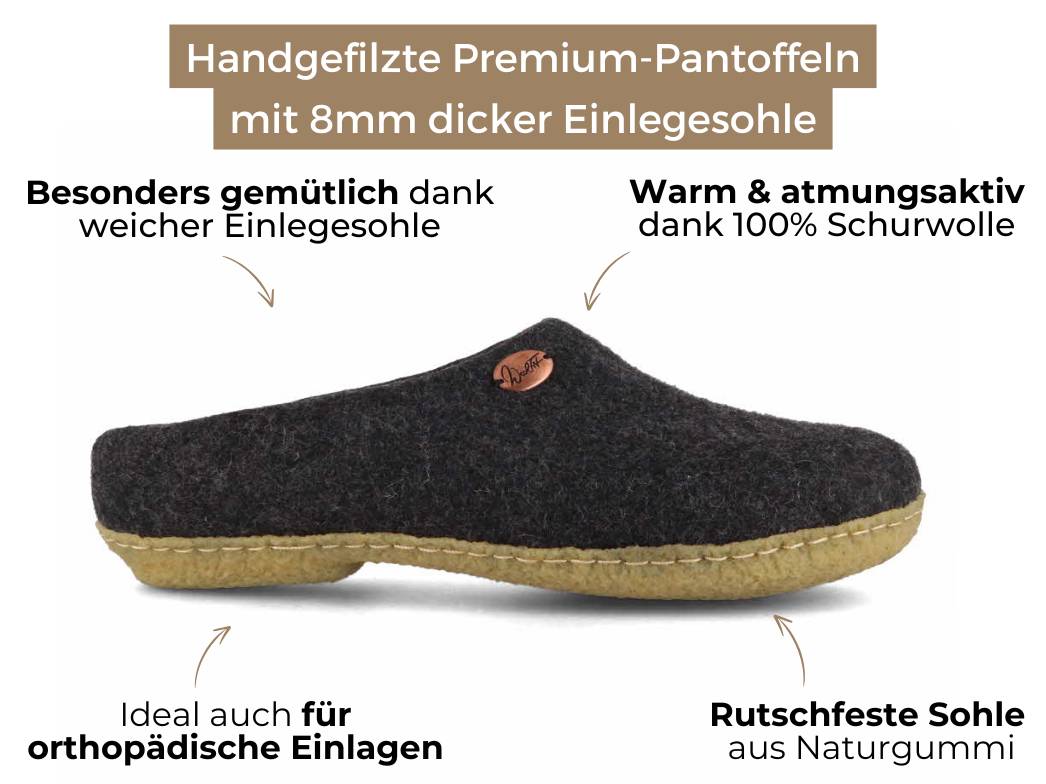 Filzpantoffeln mit Einlagen & Gummisohle Classic, graphit