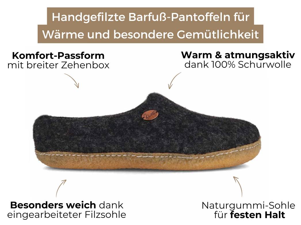 Barfuß-Hausschuh Footprint mit Naturgummisohle, graphit