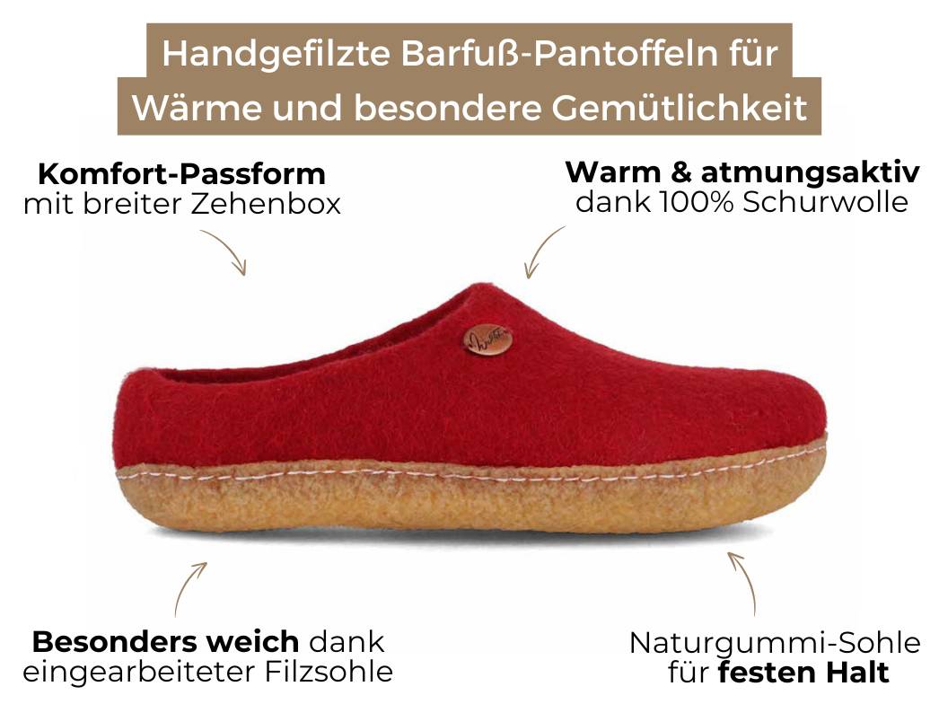 Barfuß-Hausschuh Footprint mit Naturgummisohle, dunkelrot