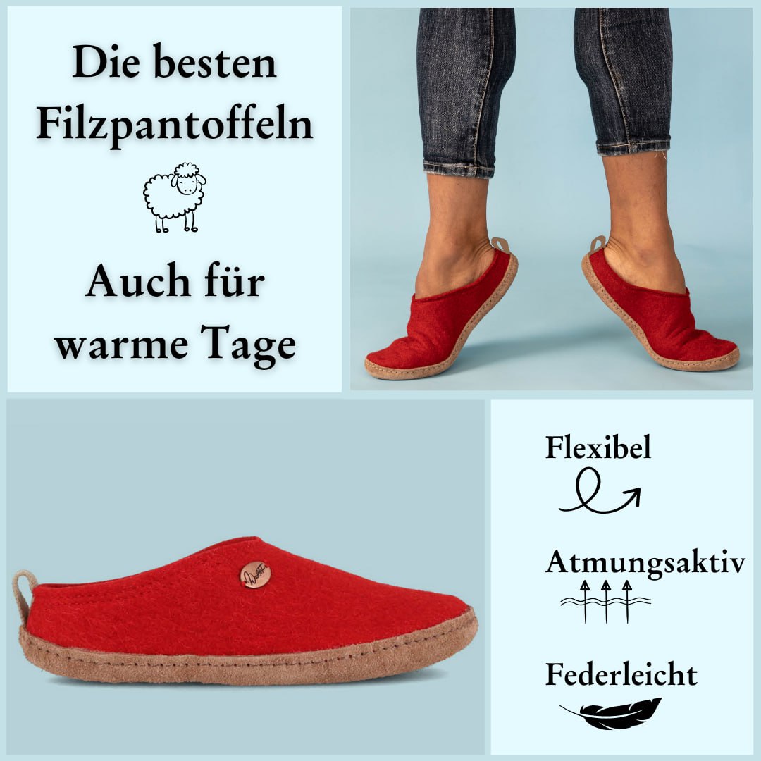 Tundra light felt slippers made of 100% wool, red