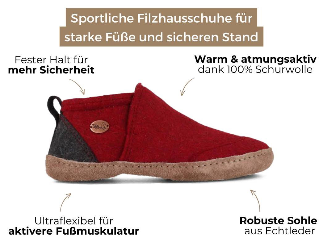 Taiga – hoher Filzhausschuh aus Wolle mit Ledersohle, dunkelrot