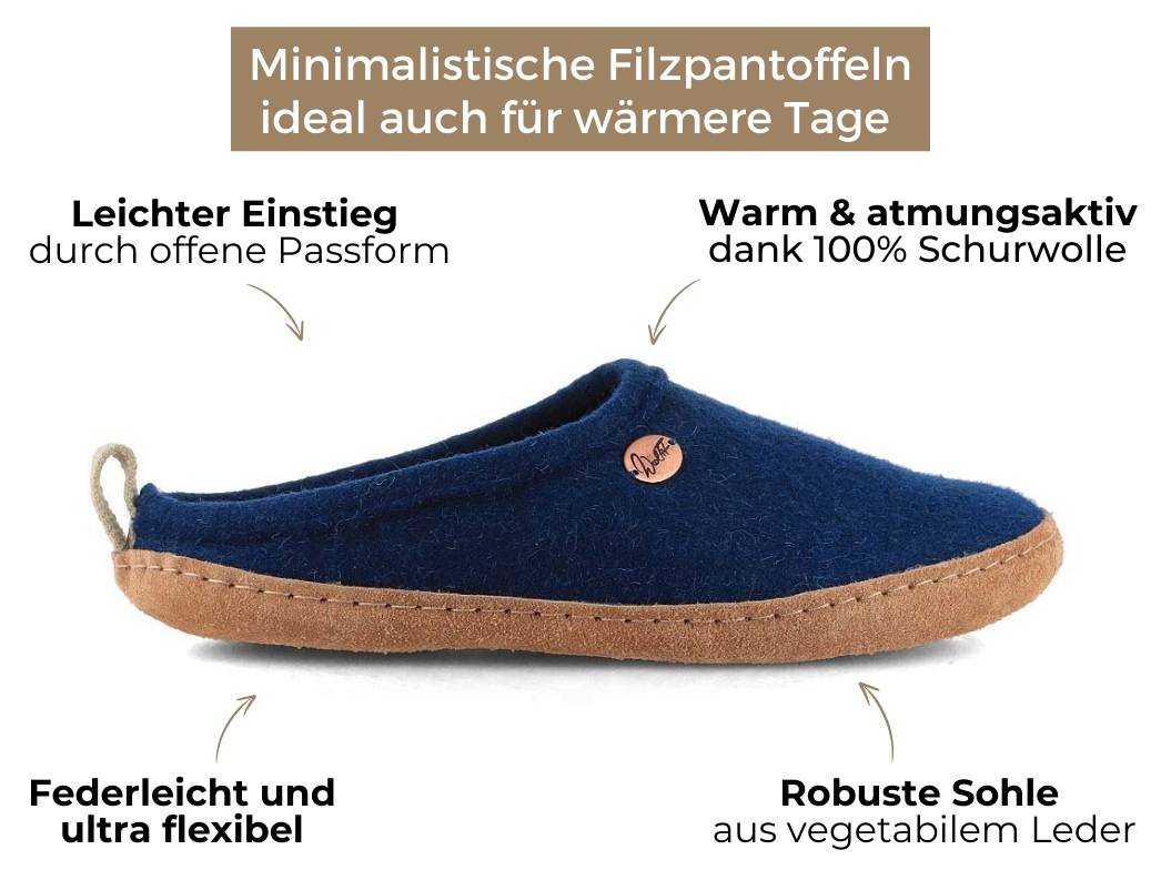 Tundra leichte Filzpantoffeln aus 100% Wolle, blau